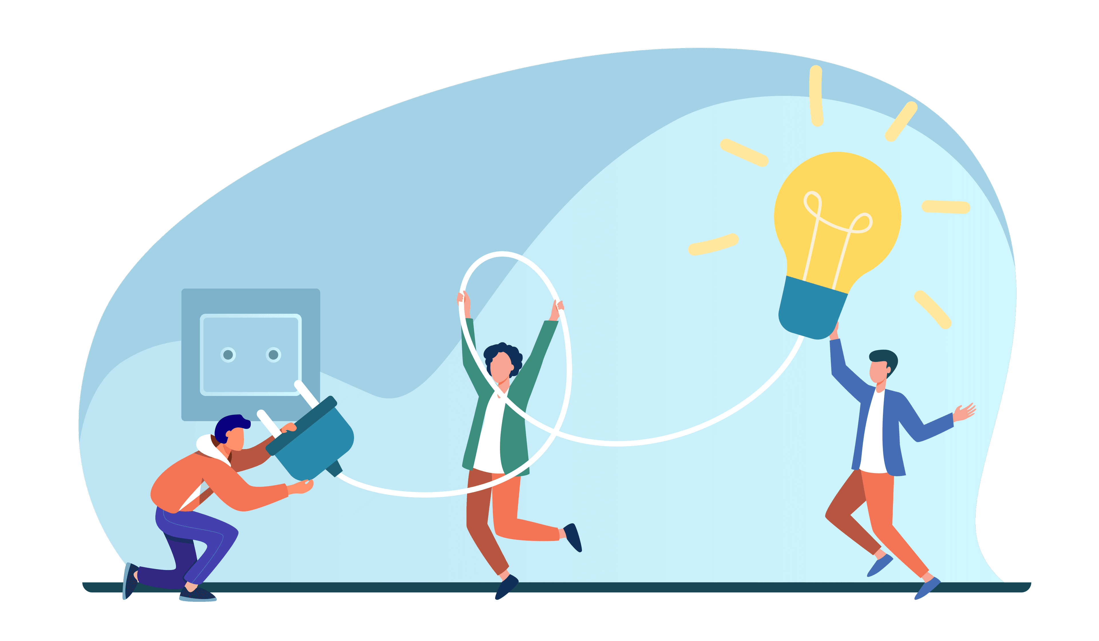 People collaborating around an electricity-themed idea illustration