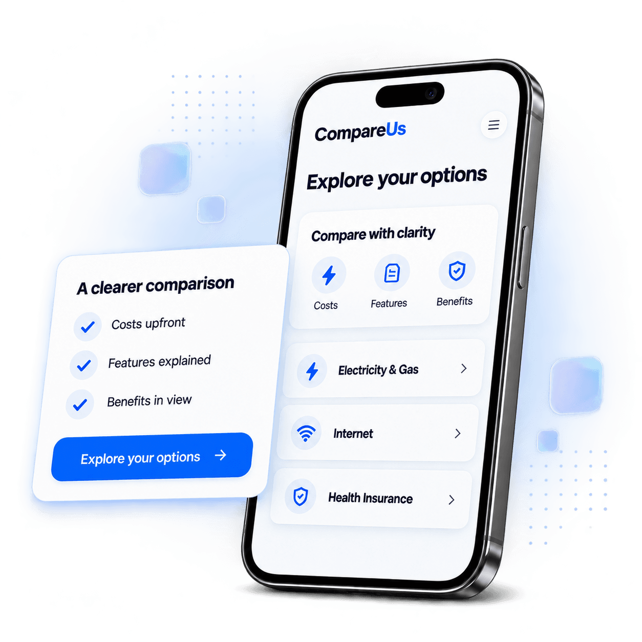 Illustrative CompareUs mobile screen with electricity and gas, internet and health insurance categories, alongside a card highlighting costs, features and benefits.