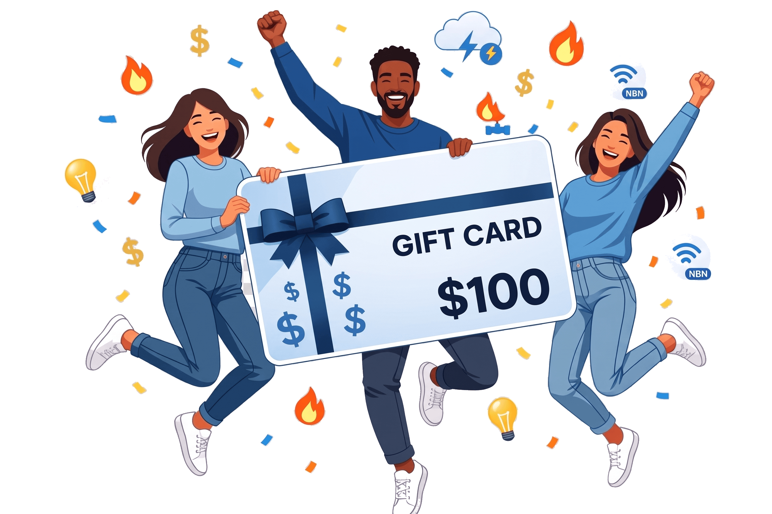 Happy customers holding a $100 gift card with electricity, gas and internet icons