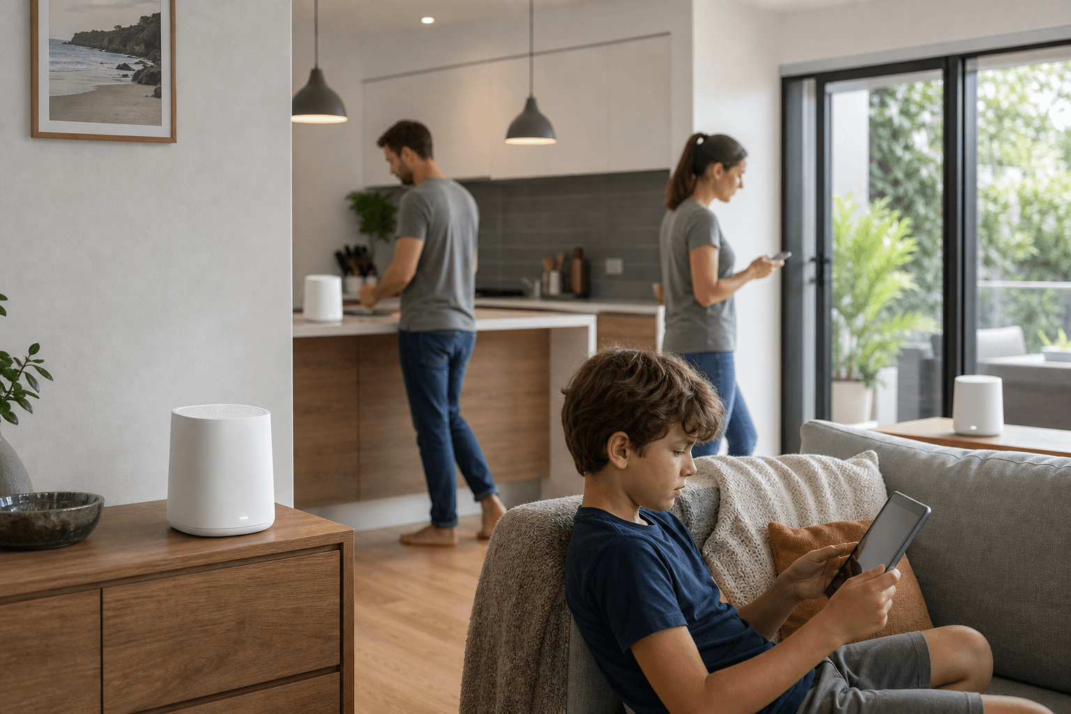 Modern home with mesh WiFi nodes placed to improve wireless coverage