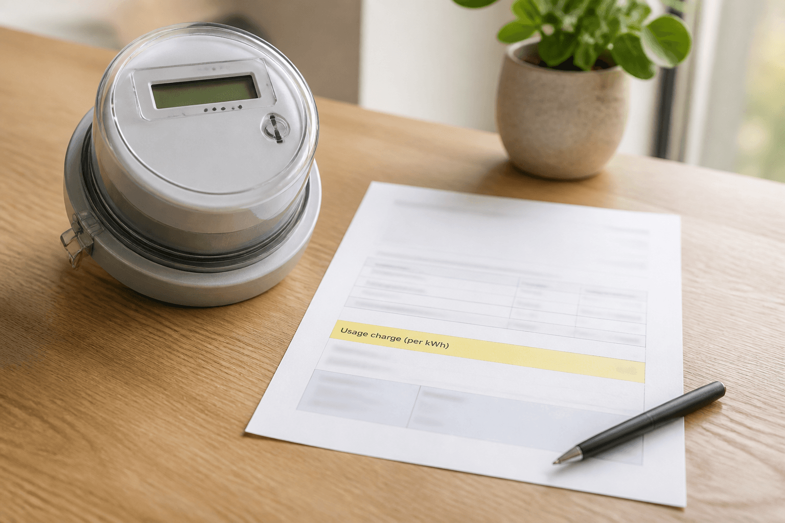 Electricity bill with a single usage rate beside a home meter