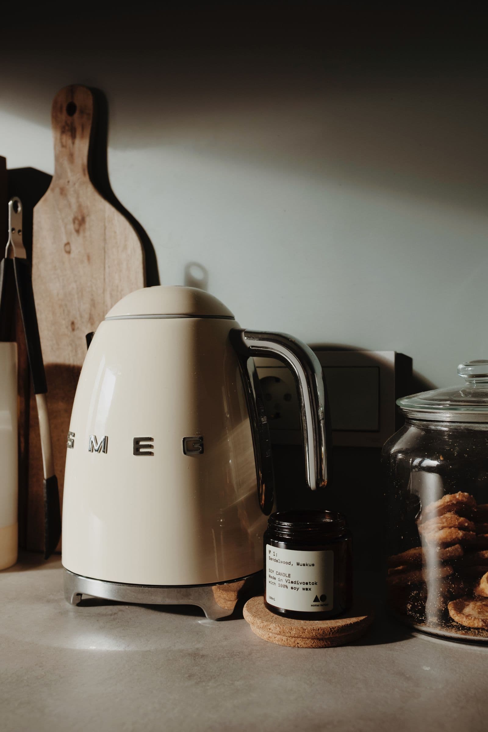 White electric kettle on a kitchen table