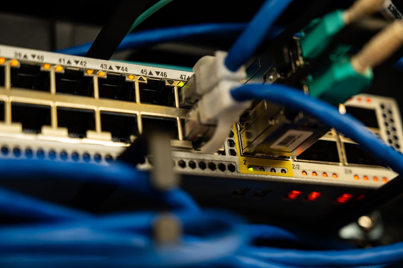 Ethernet cables connected to network equipment, illustrating a wired network link