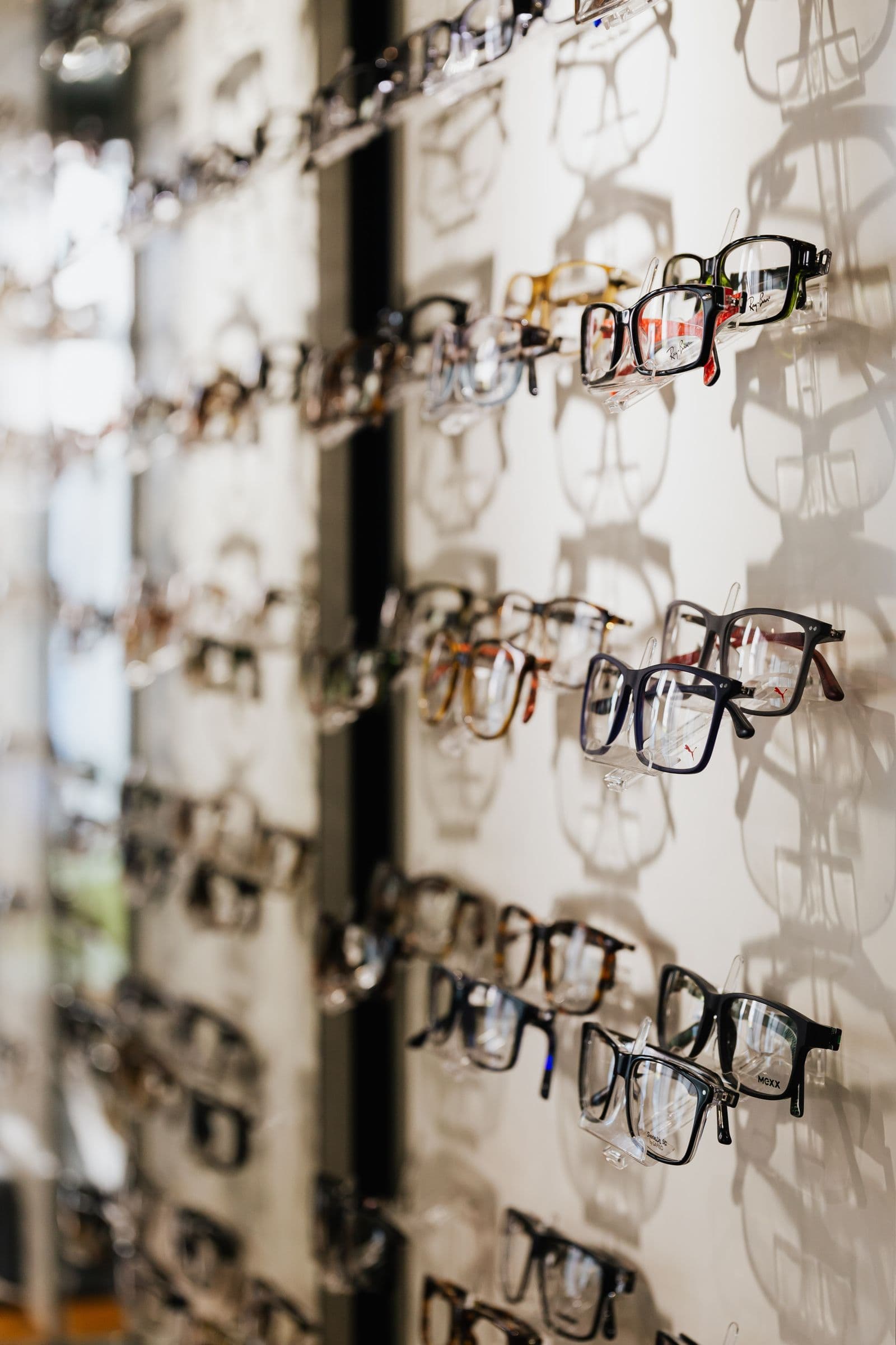 Eyeglass frames on display at an optical store