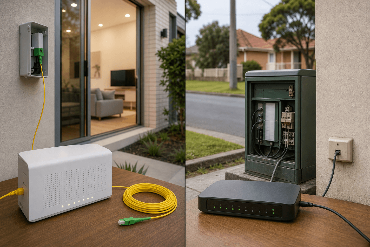 Home broadband concept image comparing FTTP and FTTN connection types