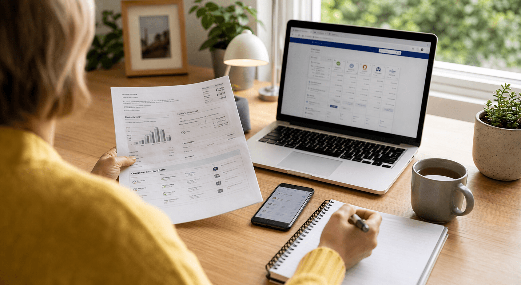 Australian household comparing electricity plans on a laptop and paper bill.