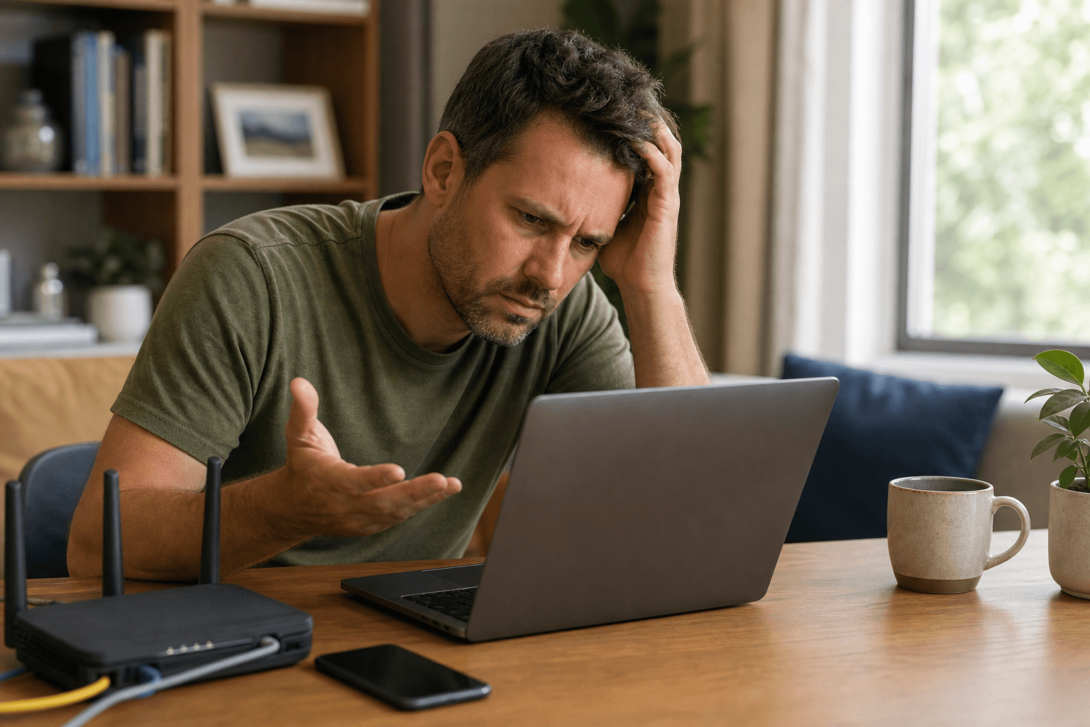 Person troubleshooting a slow home internet connection beside a WiFi router