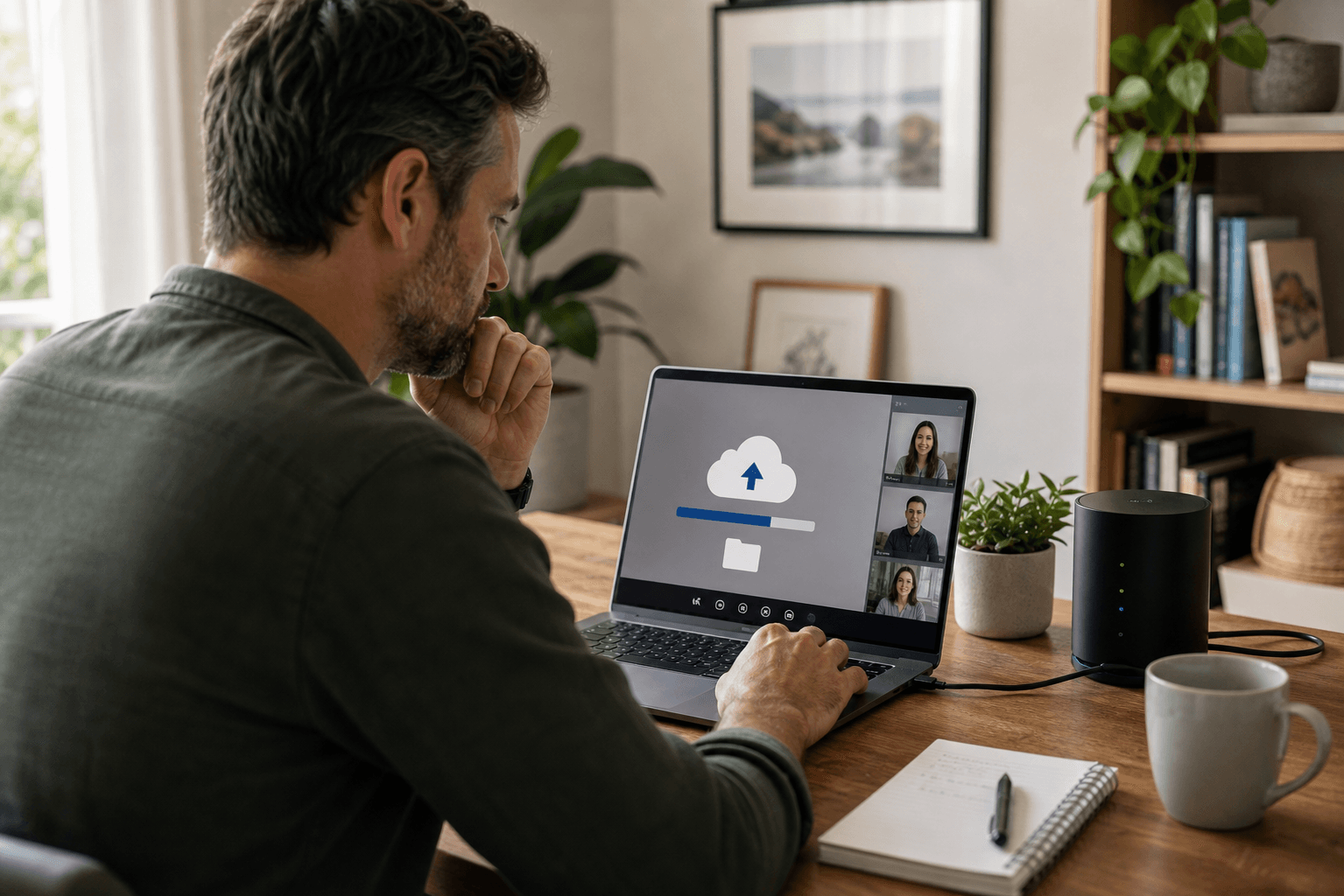 Home office uploading files during a video call beside a home router