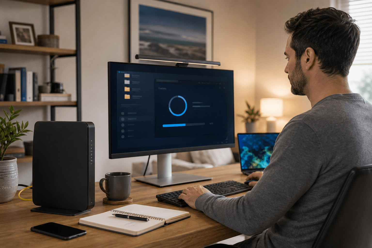 Modern home office and router representing higher-speed NBN 100 versus NBN 250