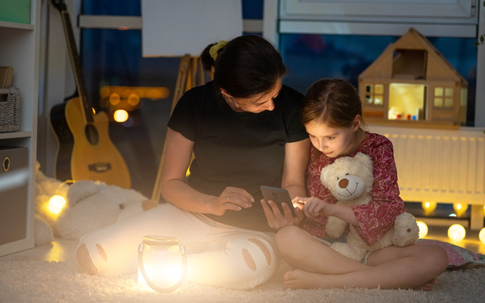 Family reviewing household electricity use at home